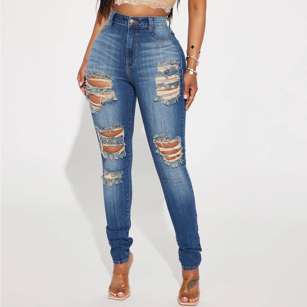 Fashion Nova Distressed Blue Jeans Tough It Up Stretch Skinny Jeans
